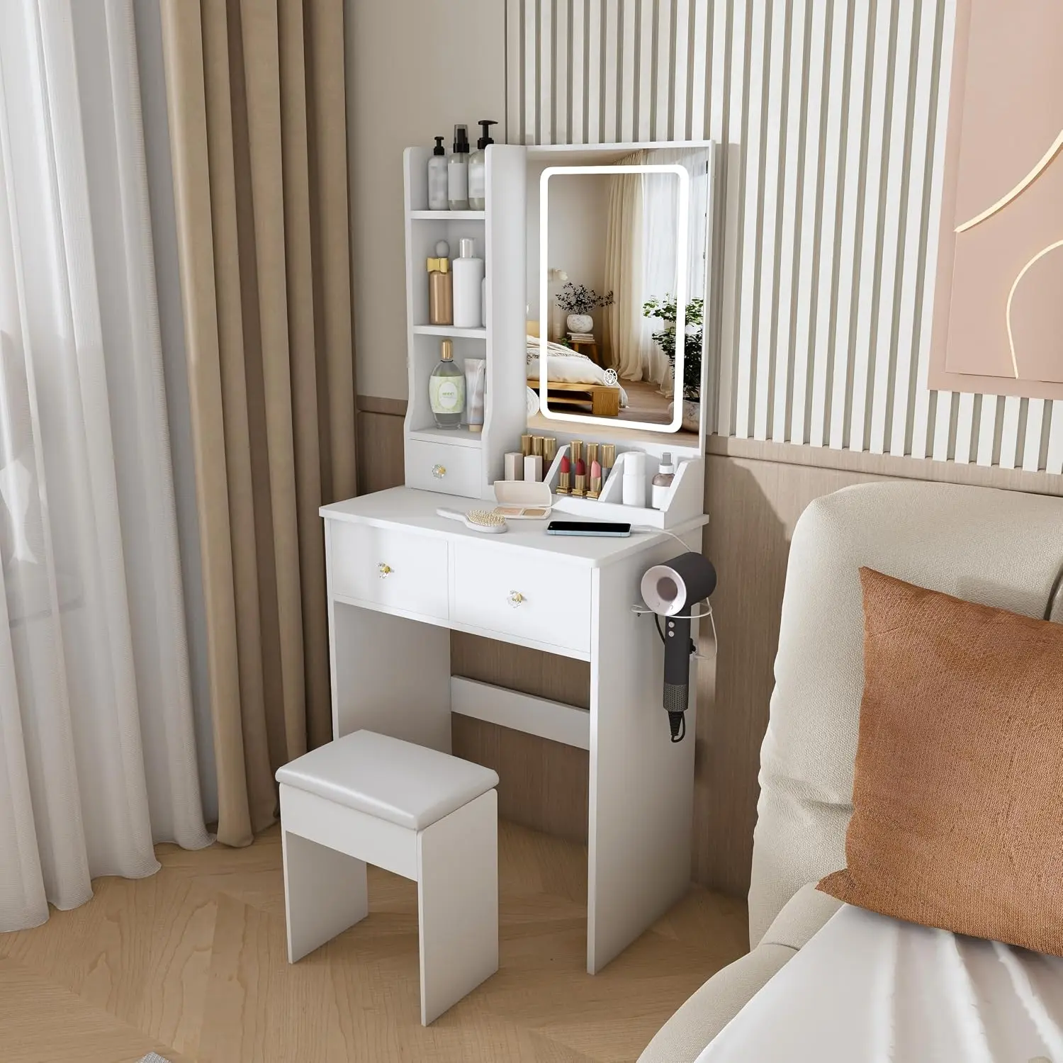 Modern Small Vanity Desk Set with Dimmable 3-Mode LED Lights, 3 Drawers & Open Storage, Built-in Power Outlet and Hair Dryer Holder, Makeup Dressing Table with Chair for Bedroom,White