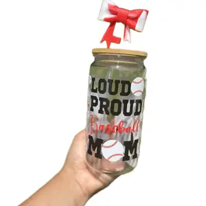 Loud & Proud Baseball Mom Acrylic Cup - Customizable Drinkware with "LOUD PROUD" and "Baseball MOM" Text, Red Bow on Top - Bottle
