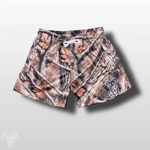 Goat Strength Hunter Camo Fitness Shorts - 5-Inch Inseam, Soft Breathable Elastic Lightweight Performance Running Sports Shorts Sportswear with Zipper Pockets for Gym Workouts