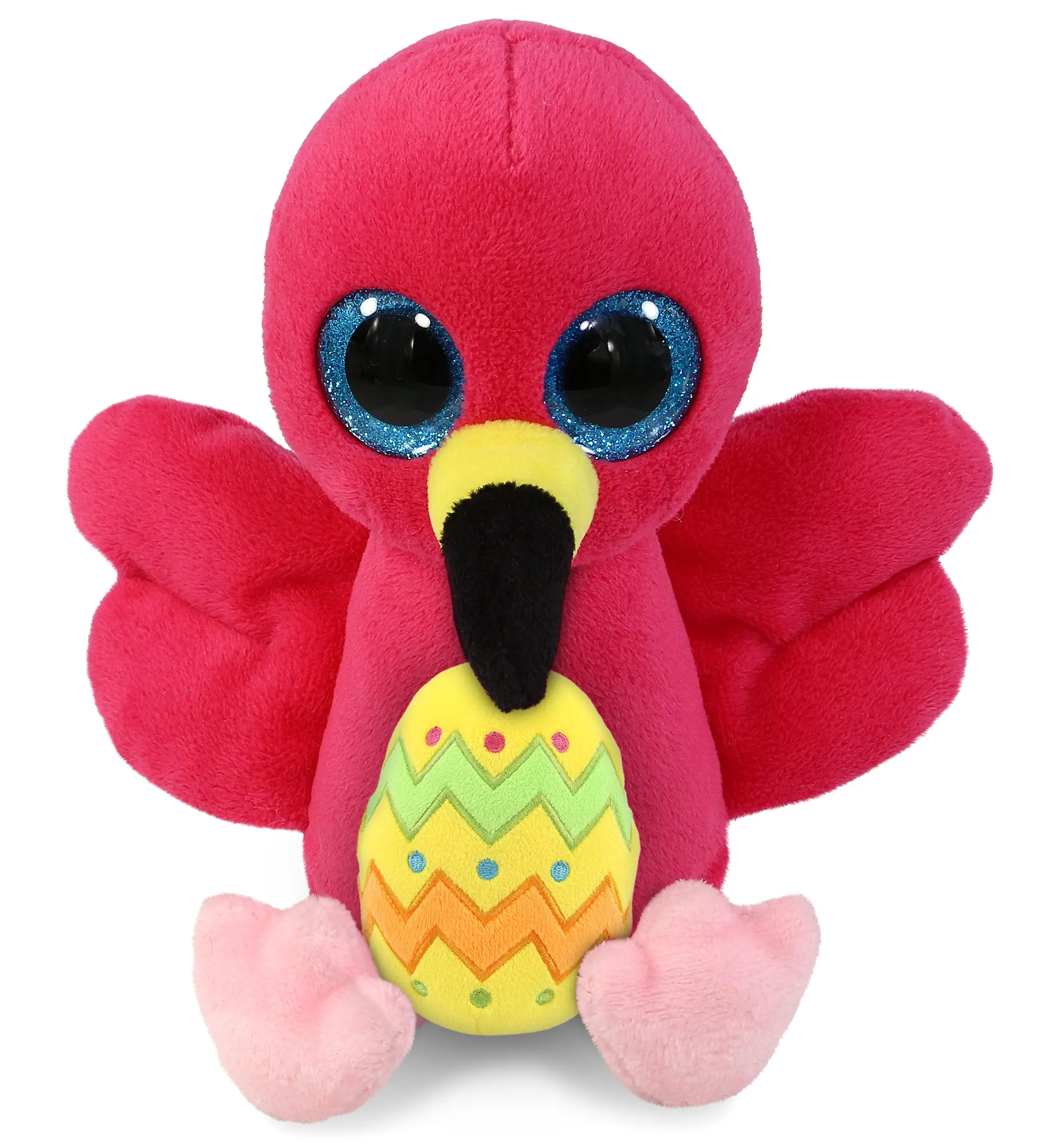 DOLLIBU 100% Polyester Cute Big-Eye Flamingo Stuffed Toy - 6in (5.75lx4wx6h inches), Hand Wash, Dry, Crafted with Durable Materials, Unisex Spring Theme Gift for Kids, Personalized Present with Yellow Easter Egg for Decoration