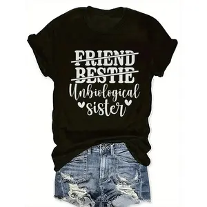 Women Short Sleeve Top with Heart Symbol Print Featuring Friend Bestie Sister Phrase Comfortable Classic Fit