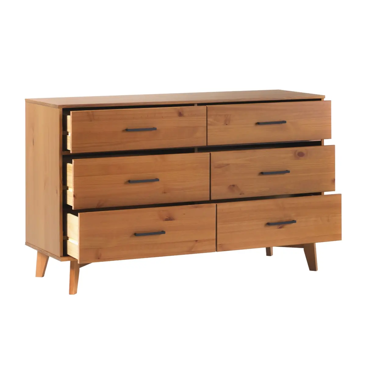 Walker Edison Modern 6-Drawer Solid Wood Dresser, 32.88x19x52 in, with Metal Handles, Caramel Indoor Cabinet Furniture, Six Drawers