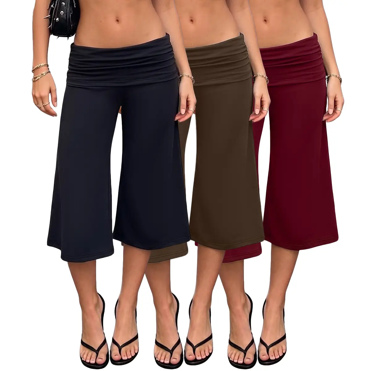 ASANDY Women's 3 Pack Foldover Low Waist Wide Leg Capri Flare Pants Soft Stretch Yoga Lounge Athletic Trousers