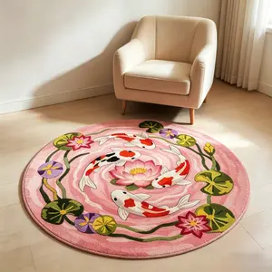 Koi Fish Round Rug, Soft Comfortable Mat, Hand Wash Only, Ideal for Living Room, Bedroom, Bathroom, Kitchen, Hallway Decor, Round Floral Rug