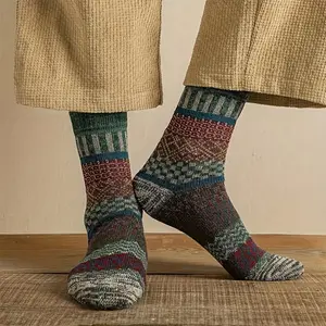 5 Pairs Retro Color Blocked Ethnic Style Socks - Thick and Warm Mid-Tube Design Perfect for Autumn and Winter, Ideal as Thoughtful Gifts for Friends and Family Members
