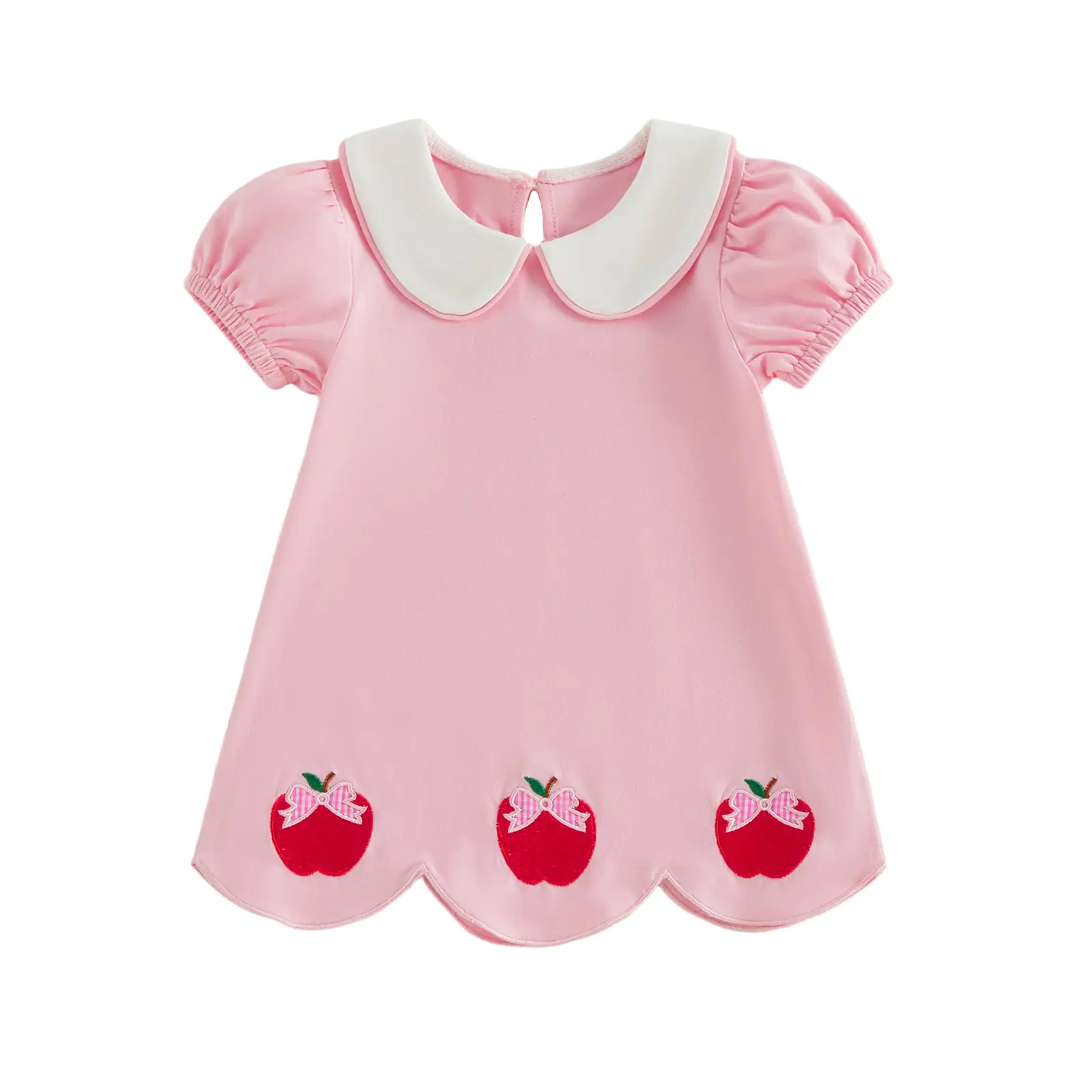 [Lullaby] Little Girl Back To School Dress A Line Casual Apple Applique Doll Collar Short Sleeve Dress
