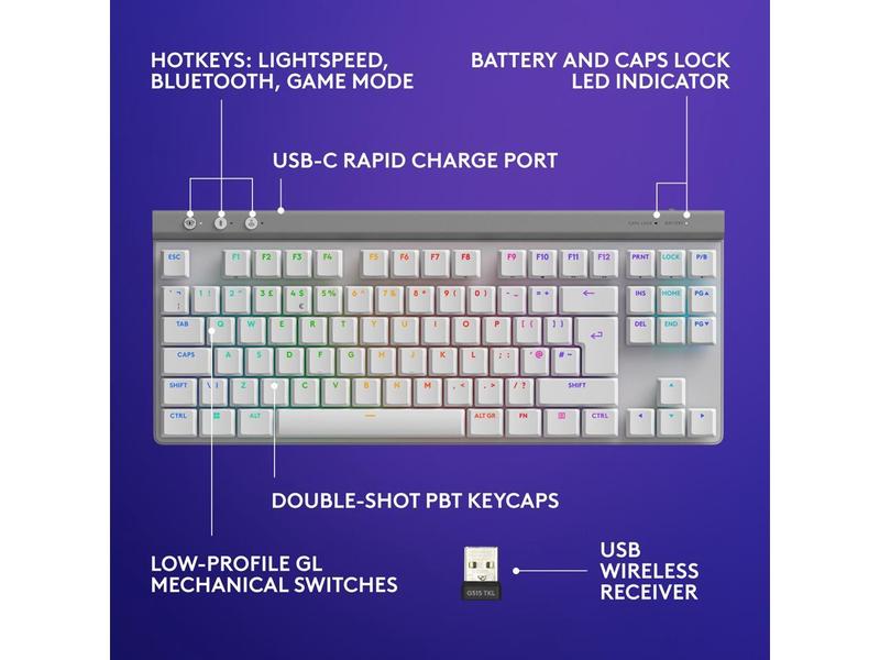 Logitech G515 LIGHTSPEED TKL Low Profile Wireless Gaming Keyboard - GL Brown Tactile Switches, LIGHTSYNC RGB, Thin Tenkeyless Design, PBT Keycaps - White