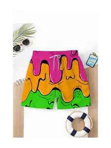 Summer Boys' Fun Melted Graffiti Print Drawstring Beach Pants, Casual Slim-Fit Short Swim Trunks, Trendy Coastal Vacation Wear