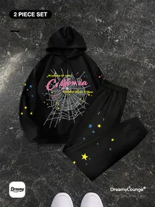 Trendy Spider Web Star Print ｜2-Piece Set｜Loose-Fit Hoodie + Jogger Pants, Casual Breathable for Daily Wear and Outdoor Activities