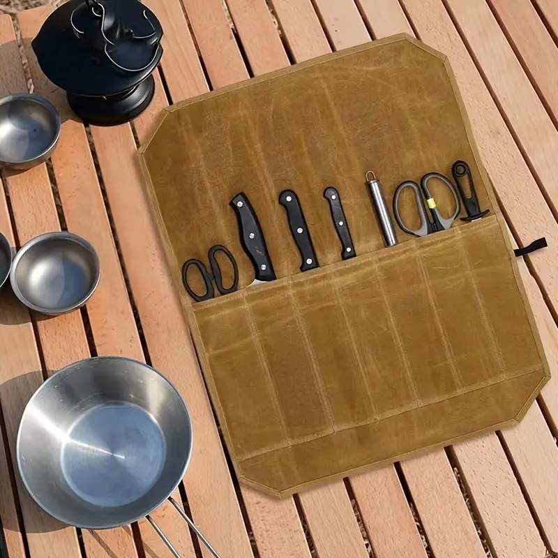 Waxed Canvas Chef Knife Storage Bag, Kitchen Knife Roll Bag with 7 Slots, Waterproof Canvas Chef Cutter Roll Portable Cooking Knife Organizer Storage Bag