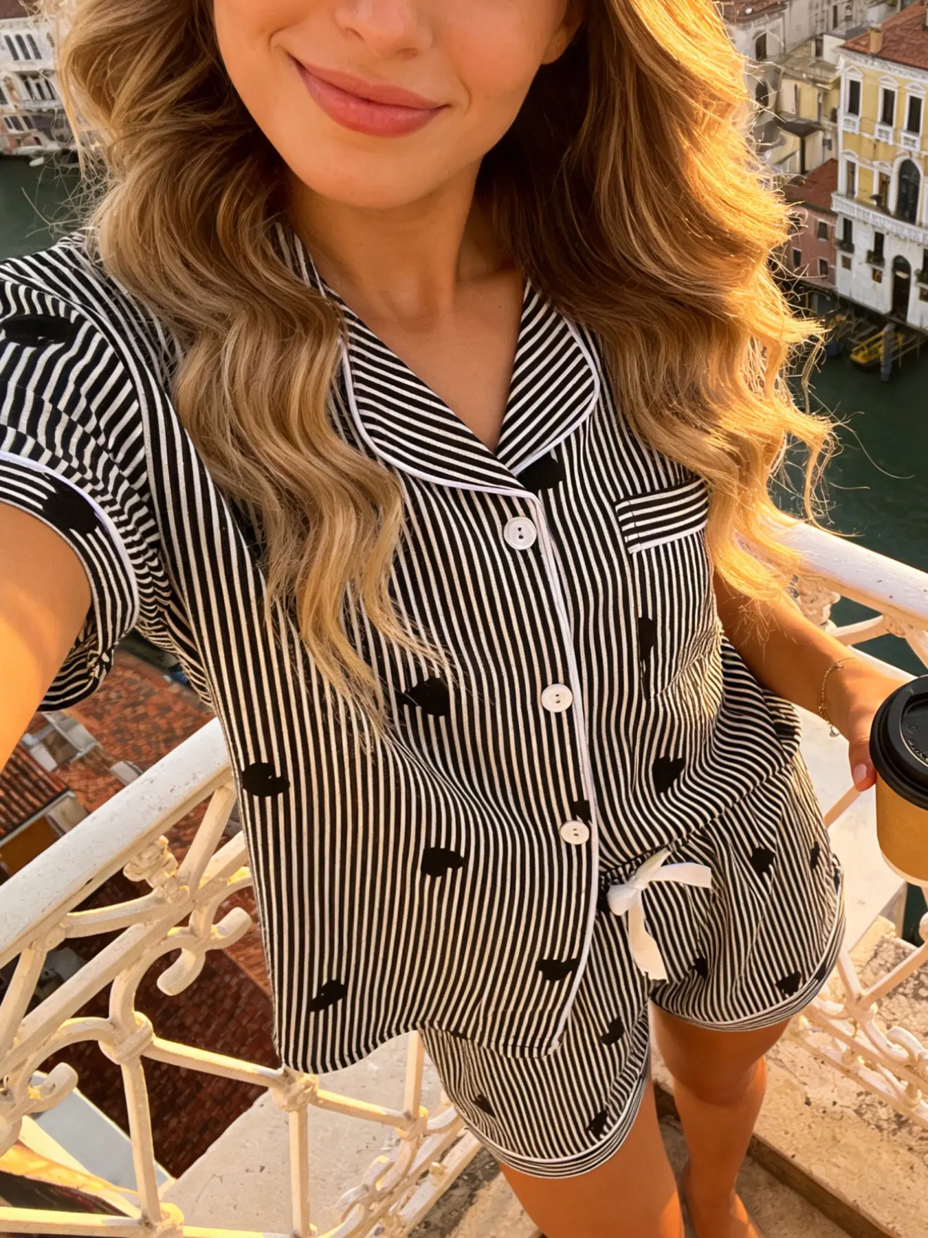 Women's Short Sleeve Shorts Cardigan Pajama Set, Stripe Heart Full Print, Comfortable Breathable Sweet Style Home Wear