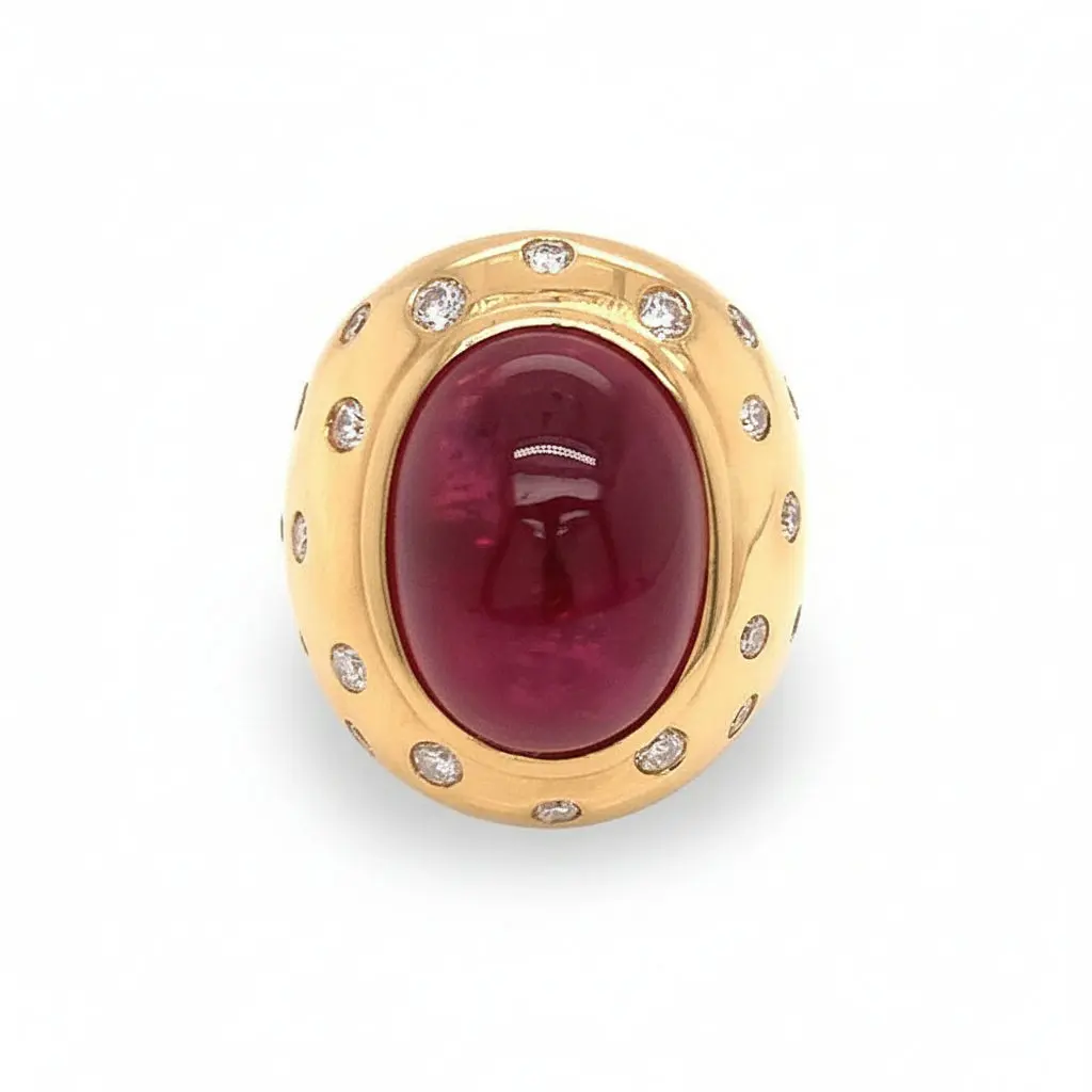 Rubellite Cabochon & Diamond Ring, 18k Yellow Gold