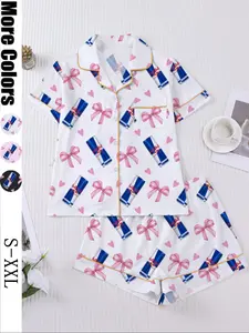 Women's Heart & Bow Print Sleepwear Set, Short Sleeve Button-Up Top & Elastic-Waist Shorts, Casual Loungewear for Home and Pajama Parties