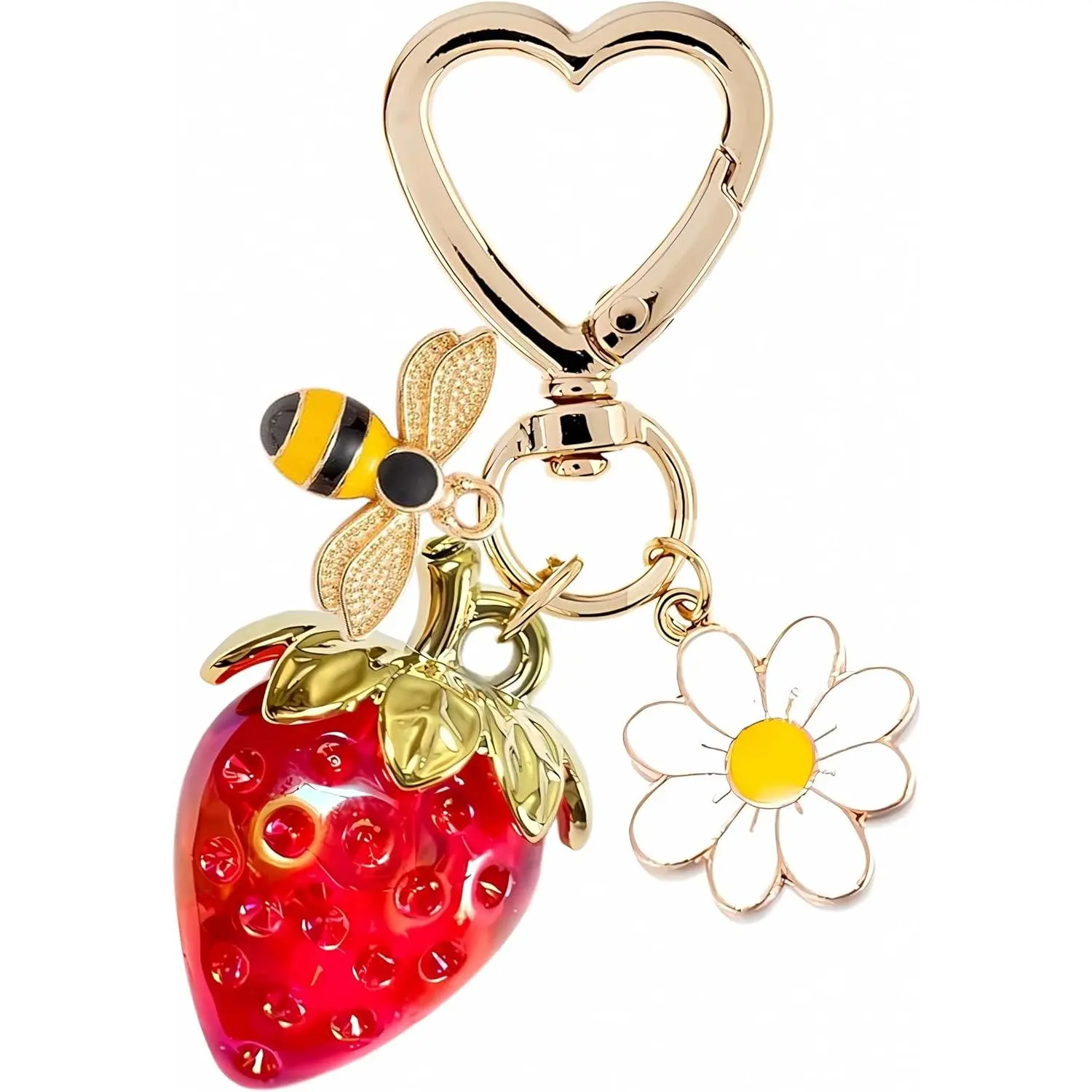 Cute Cherry Strawberry Bag Charm Keychain for Women Handbags Kawaii Flower Car Key Chain with Golden Stem & Sparkling Glitter