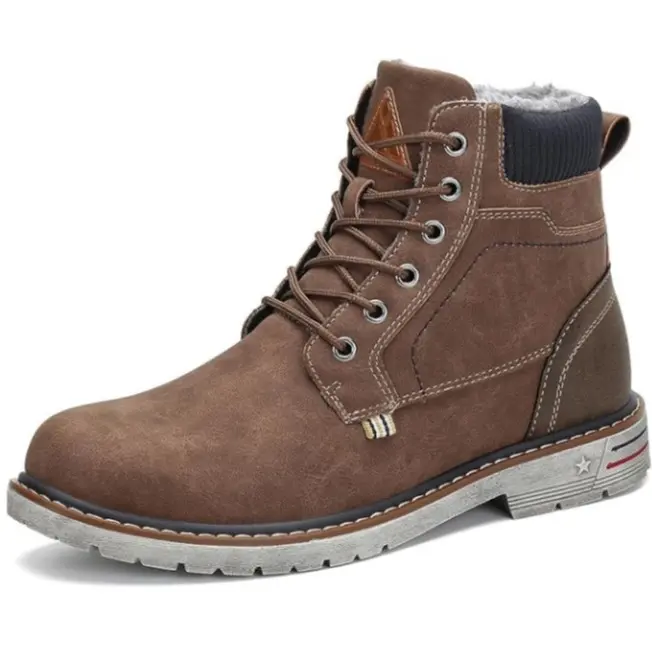 Men's Ankle-High Winter Snow Boots - Water-Resistant Artificial Leather, Plush Fur Lining, Slip Resistant Rubber Sole, Abrasion Proof, Durable Laced Hiking Shoes for Cold Weather Gear with All-Weather Grip