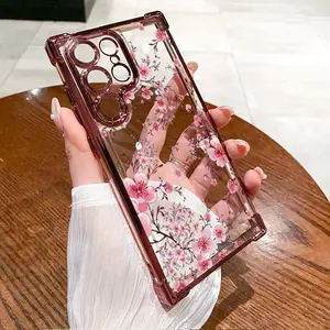 Pink Plum Blossom Pattern Phone Case Compatible with Samsung Galaxy S23 Ultra S24 Plus S25 S22+ FE Edge Four Corners Air Cushion Anti-drop Silicone Shockproof Cellphone Cover