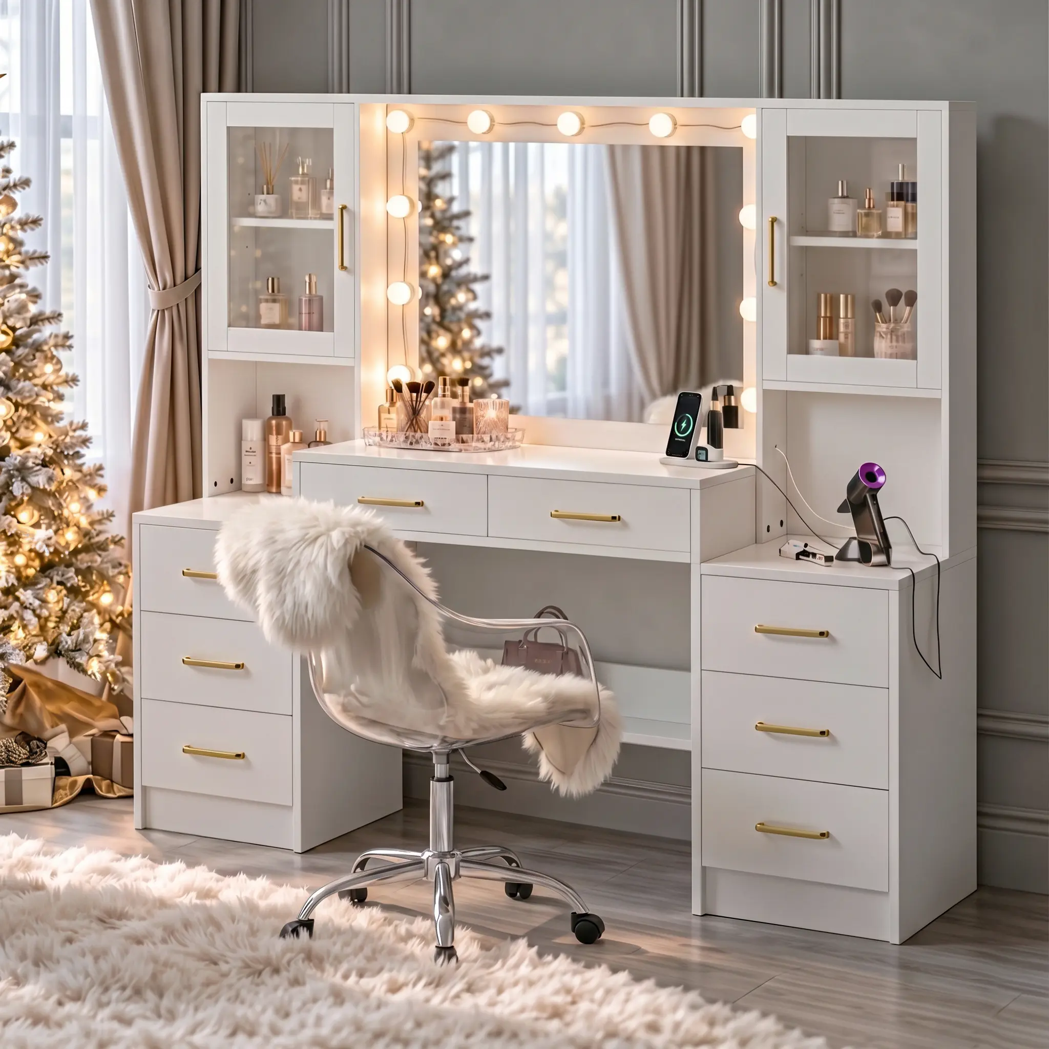 White Freestanding Makeup Vanity Desk (58" W) - Farmhouse Engineered Wood Vanity with Mirror, Lights, Drawers, 3 Light Modes, Charging Station, 8 Drawers, 2 Cabinets, Adjustable Design, 15.7" D, 55.1" H (Mother’s Day Gift Option), Vanities With Mirror And