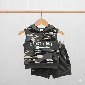 Baby Boys Clothing 2-Piece Daddy's Boy Set - Camo Hooded Sleeveless Vest, Letter Print Elastic Waist Shorts