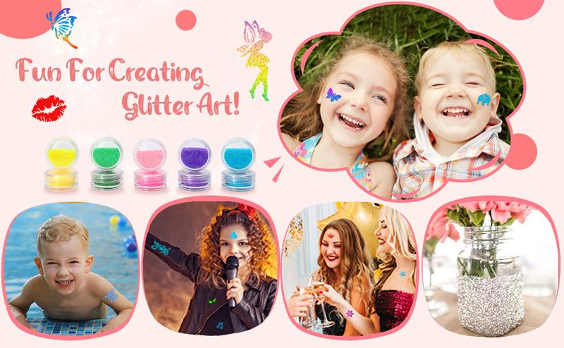 Temporary Glitter Tattoo Kit for Kids & Adults, 42 Glitter & 6 Fluorescent Color, 209 Stencils, 4 Glue, 5 Brushes, 1 Diamond Sticker, Safe & Easy Removal Face Body Art Birthday Party Supplies
