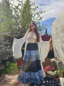 Long Denim Style Patchwork  Tiered Skirt with Pockets, Whimsical Maxi Skirt, Summer Cotton Flowy Fairy Hippie Boho Funky Festival Skirts