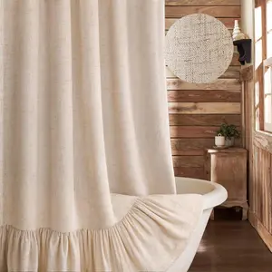 Farmhouse Shower Curtain with Ruffle Hem Linen Beige Shower Curtains for Bathroom Boho Country Rustic Natural Fabric, 72" W x 72" L