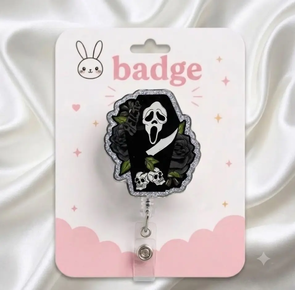 Ghostface Coffin Badge Reel, Spooky Cute Horror Coquette Aesthetic Retractable Badge Holder, Horror Reader Ghost Face Badge Reel, Teacher Nurse Halloween BookTok Badge Reel Gift