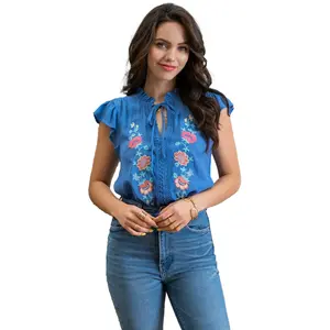 PacificPlex Women's Floral Embroidered Top Bohemian Casual Tie Neck Pullover Short Sleeve Shirt with Embroidery, Cotton Blend - Flower