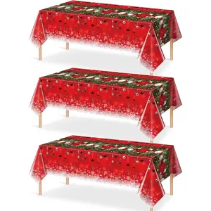 Jectivs 3Pieces Merry Christmas Tablecloth Plastic Christmas Tree Ball Table Cover Rectangle Winter Snowflake Tablecloth for Merry Christmas Holiday New Year Eve Party Decorations Supplies,54x108inch