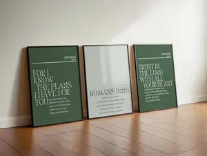 Christian Set of 3 Wall Art, Modern Minimalist Scripture Poster Unframed , Sage Green Faith Poster Unframed able, Jeremiah 29:11, Proverbs 3, Romans 8