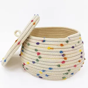 X-SBB13 Small Rope Basket with Lid,10x6 Small Round Woven Storage Basket with lid for Organizing, Small Decorative Toy Basket with Colorful Rainbow Pompom, Cute Storage Bin Box for Toys, Gifts… Beige Cotton Organiser Container
