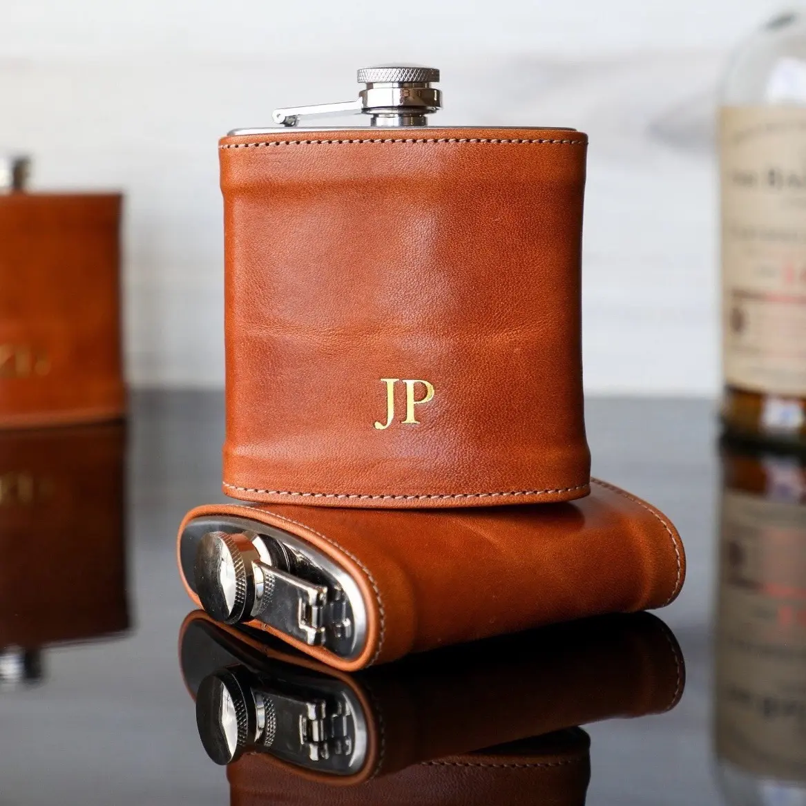 Personalized fine leather hip flask