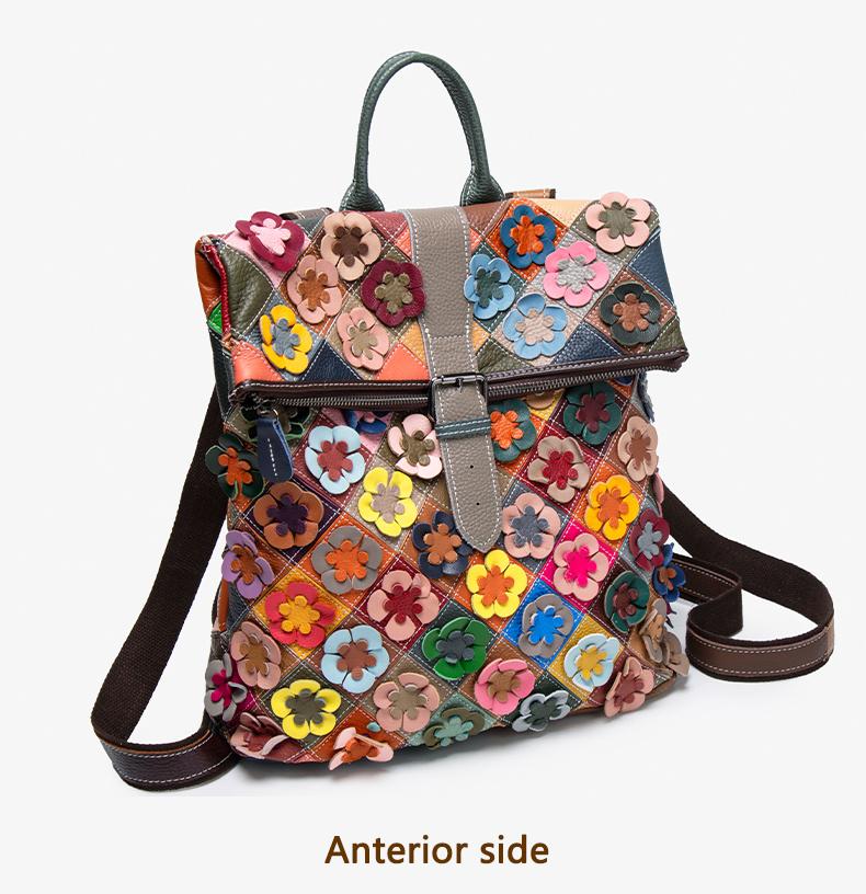 Women's Vintage Patchwork Backpack with 3D Flower Applique and Adjustable Straps