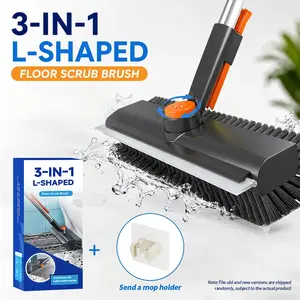3-in-1 Scraper Brooms Sturdy Long-Handle Floor Scrub Brush - Stiff Bristles, Large Head, Rotatable Home Cleaning Tool, Power Scrubber Brooms with Squeegee, Magic Eraser Mop Roll (Orange-Gray, White) | Cleaning Supplies, Cleaner Products