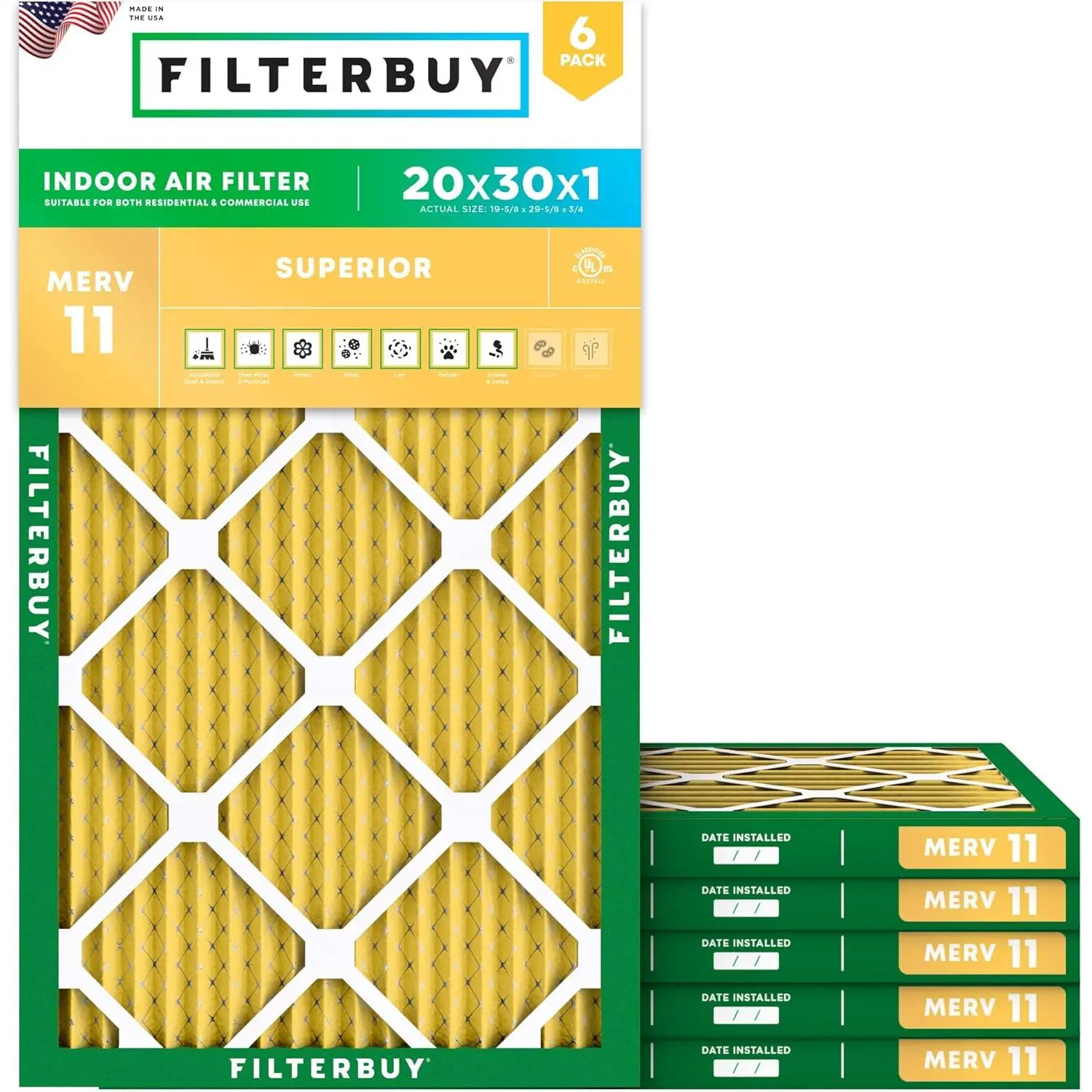 Filterbuy 20x30x1 Replacement HVAC AC Furnace Air Filter (6-Pack), Pleated MERV 11 Allergen Defense (Actual Size: 19.63x29.63x0.75 in), Allergen Trap, Electrostatic