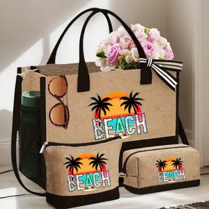 Canvas Beach Bag Set, Large Reusable Beach Bag, Makeup Bag, Accessories Bag, Travel Handbag, Perfect Gift for Birthday, Wedding, Mother's Day
