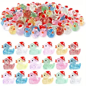 15/30/50pcs Mini Resin Duck Decorations With Santa Hats, Glitter Glow-in-the-Dark Christmas Ornaments, Tabletop Decor, Assorted Pastel Colors, Random Styles, Durable Gift For Home, Garden, Fairy Landscapes, Holiday Decor Ducks, Garden Accents