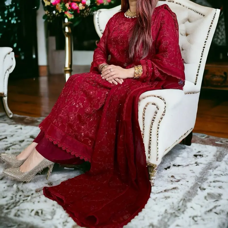 Rich Maroon Pakistani Dress with Shirt, Palazzo Pant, and Dupatta - Floral Embroidery, Lace, and Organza, Perfect for Eid, Parties, and Weddings Traditional Womenswear Elegant - TikTok Shop Rich Maroon Pakistani Dress with Shirt, Palazzo Pant, and Dupatta - Floral Embroidery, Lace, and Organza, Perfect for Eid, Parties, and Weddings Traditional Womenswear Elegant - TikTok Shop
