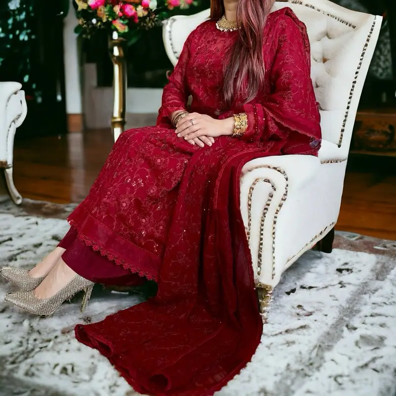 Rich Maroon Pakistani Dress with Shirt, Palazzo Pant, and Dupatta - Floral Embroidery, Lace, and Organza, Perfect for Eid, Parties, and Weddings Tradi