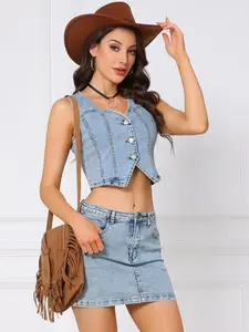 INSPIRE CHIC Denim Vest Top for Women Western Sleeveless V Neck Button Down Cropped Jean Vests