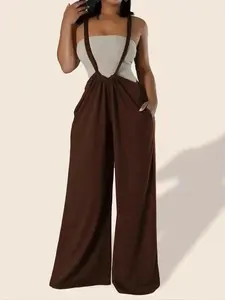 Women's Solid Color Ruched Tie Back Overalls, Casual Pocket for Summer, Clothing Daily Wear, Versatile, Comfort, Style, Outfit, Essential, Trendy, Chic, Elegant, Classy, Modern, Stylish, Perfect for Every Day