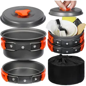 6/10/11/12/14/15/19 PCS Camping Cookware Mess Kit Camping Gear Campfire Utensils Lightweight Stackable Pot Pan Bowls Soup Spoon with Storage Bag for Camping, Backpacking, Outdoor Cooking