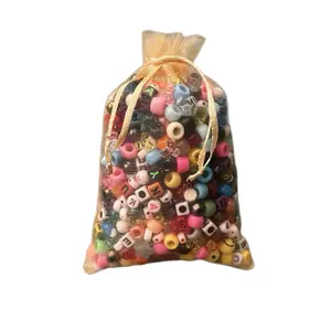 Plastic Pony Bead Soup Gift Bag - Colorful Kandi Beads In Reusable Organza Drawstring Bag