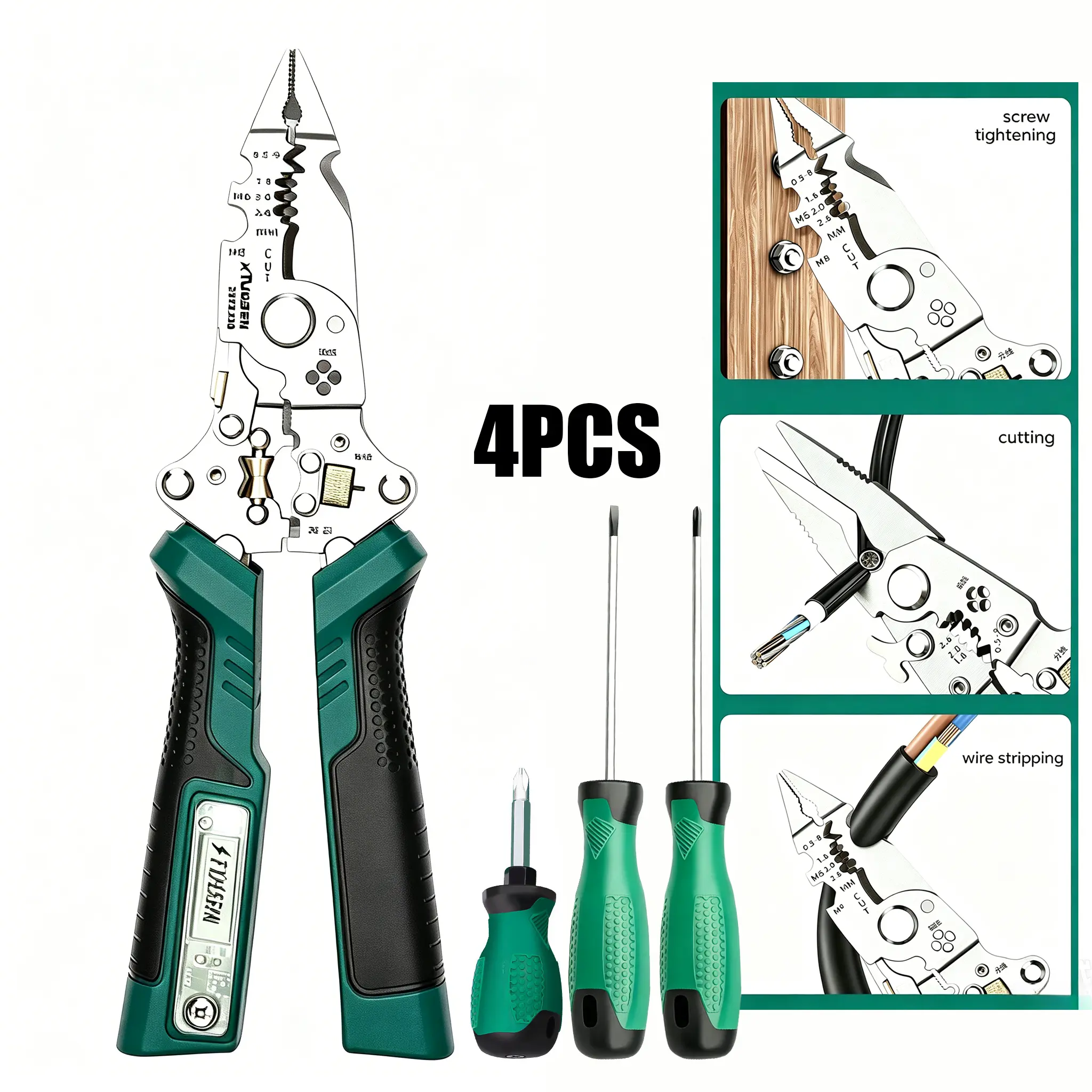 4PCS Ergonomic 8-in-1 Automotive Wire Stripper Pliers - Multi-Tool with Voltage Tester, Wire Cutter, Twister, Crimper + 3 Screwdrivers for Car Electrical Wiring, Household Repairs, Installation Jobs