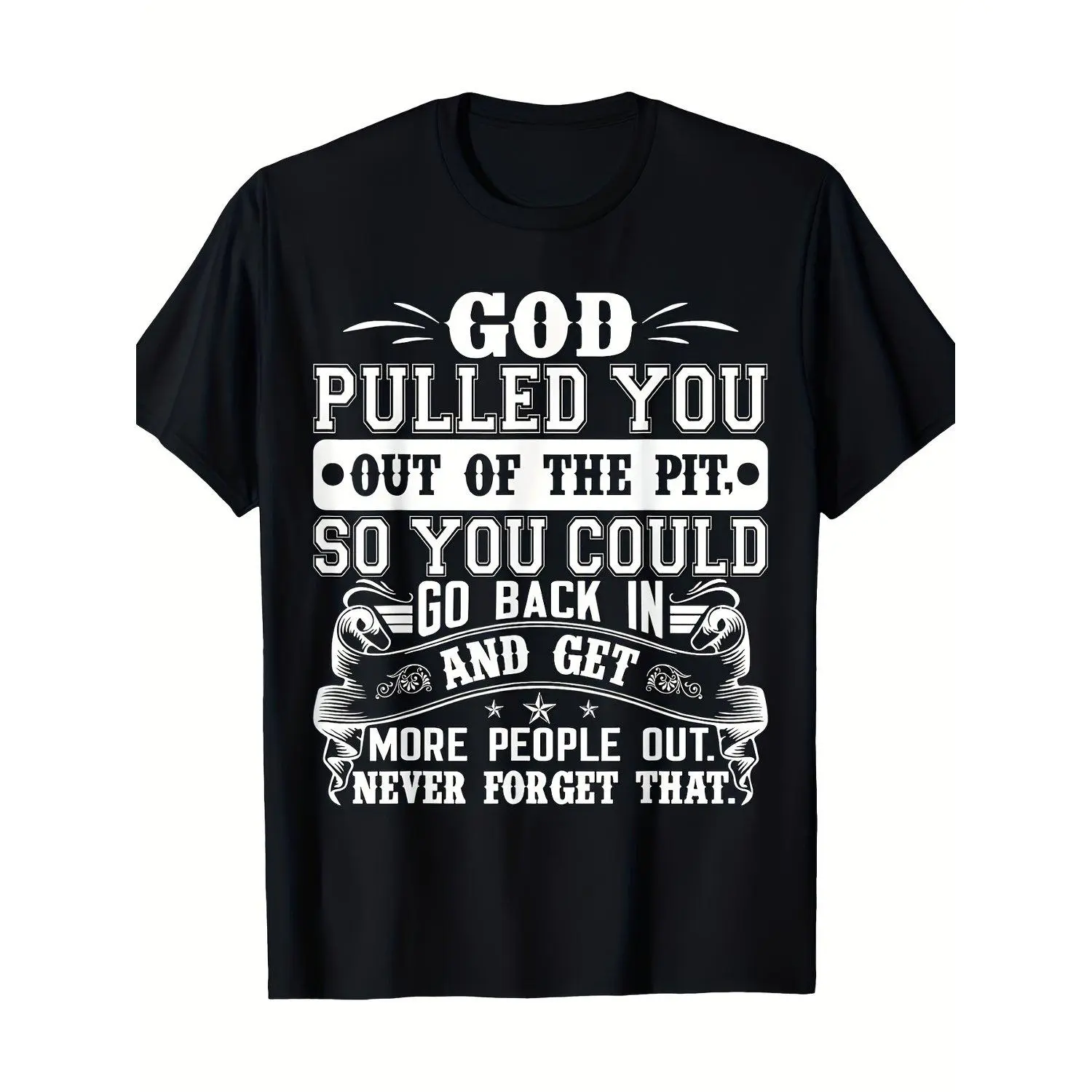 Men'S Inspirational Faith-Based Recovery T-Shirt, Black Tee with "God Pulled You Out of The Pit" Motivational Quote, Short Sleeve Round Neck Casual Crew Neck Slight Stretch Fabric Regular Fit Retro Casual Short-Sleeved T-Shirt with Round Neck And Pr
