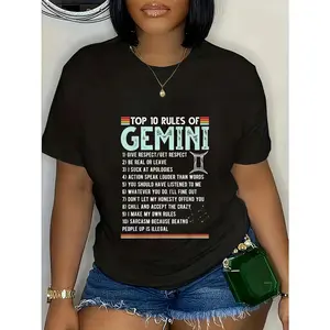 Women's 180g Black Cotton Crewneck Short Sleeve Graphic Tee - Top 10 Rules of Gemini Print T-Shirt - Give Respect | Be Real or Leave - Horoscope Zodiac Ladies Casual Shirt, Astrology Gift