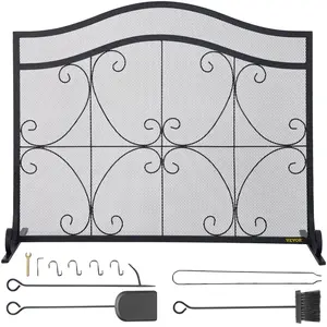 VEVOR Freestanding Fireplace Screen, 38x26.5 In Heavy-Duty Iron Spark Guard with Metal Mesh Craft & Support, Includes Broom, Tong, Shovel & Poker, Black Decorative Home Accessory for Living Room Protection (Father's Day Gift)