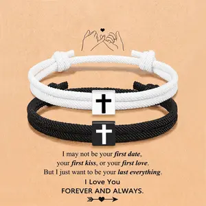 ROTUNOE 2PCS Adjustable Cross Braided Rope Bracelets for Men Women, Christian Jesus Faith Bracelet Set, Handmade Woven String Bracelet for Couples, Baptism Gift, Easter Christmas Graduation Religious Jewelry Gift