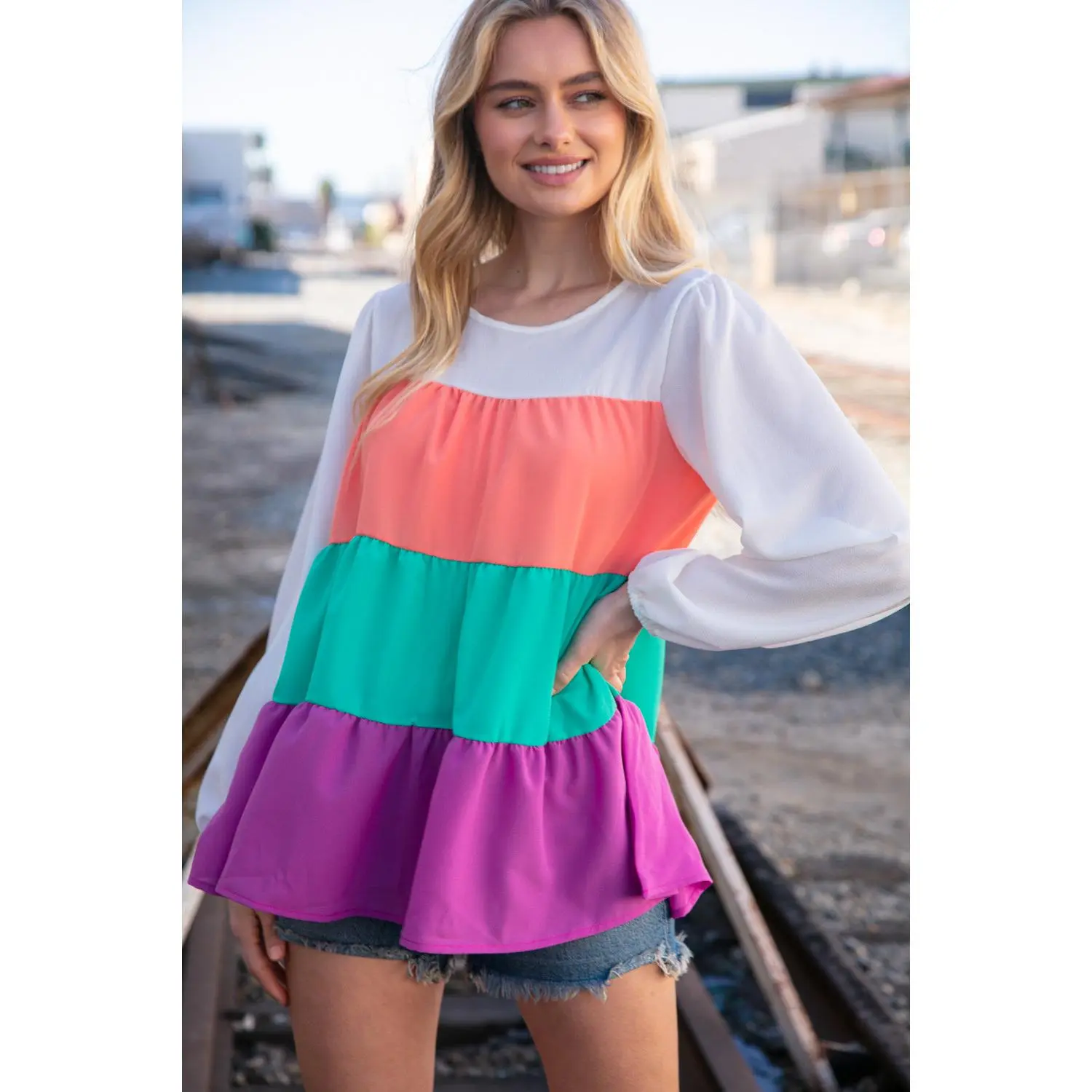 Ivory & Peach Woven Crepe Tiered Blouse