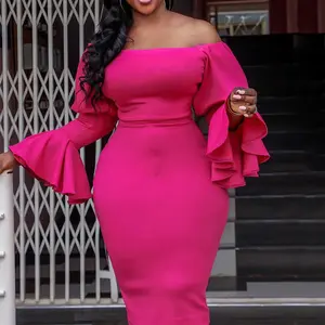 summer spring clothes Elegant Bodycon Dresses for Women Off the Shoulder Flare Sleeve Sheath Package Hips Mid Calf Sexy Birthday Party Dinenr Vestidos