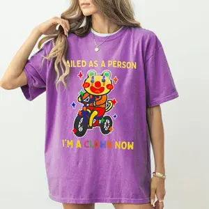 "I'm a Clown" Fun T-Shirt , Cartoon Tiger Riding a Bike Print , Loose-Fit, Casual, Distressed Short Sleeve Fun Text Print
